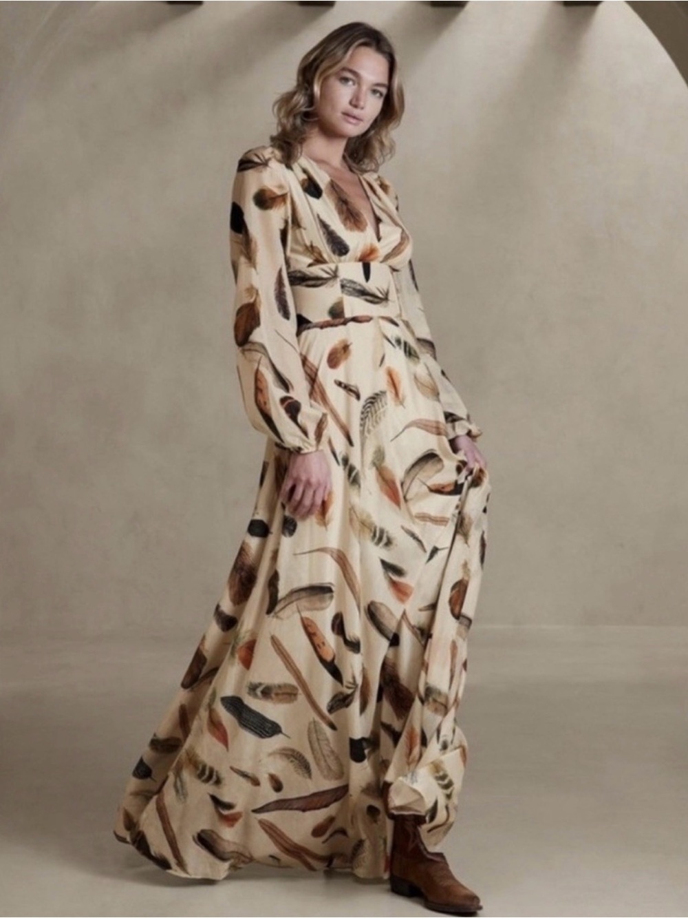 Banana Republic Marta Cotton Silk Blend Feather Print Maxi Dress Long Sleeve 10P